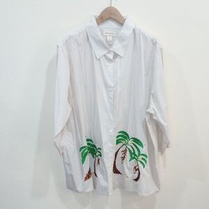 Bechamel Striped Blouse With Embroidered Monkeys and Bananas, Size 3X - Vintage!